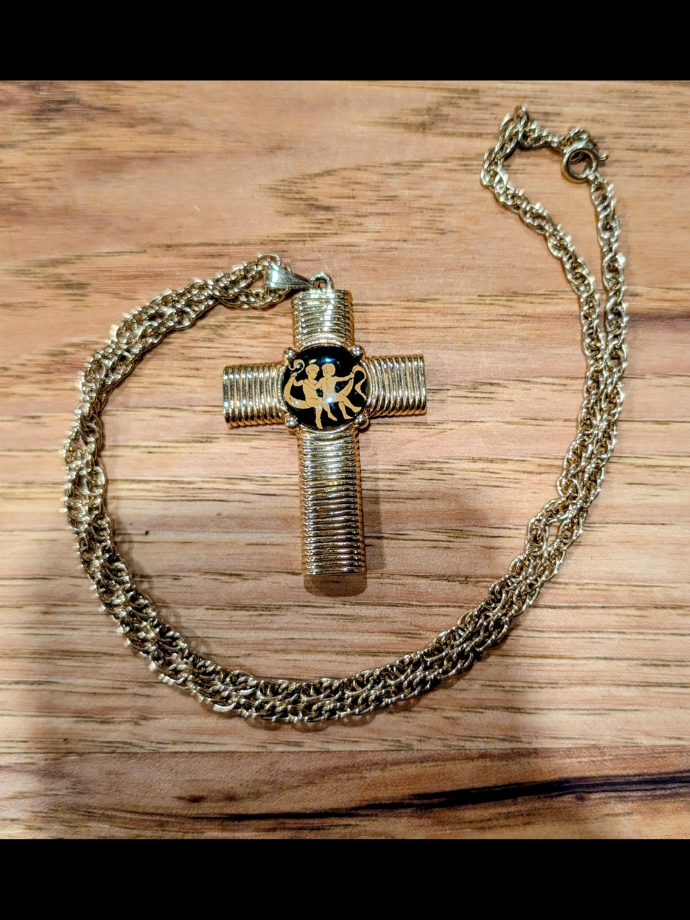 Gold Cross Pendant Necklace with Gemini Medallion - Jeane Dixon
